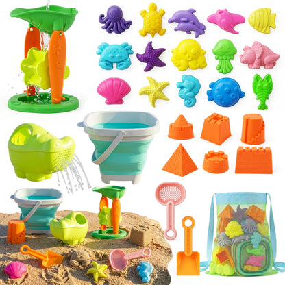 TOY Life 32 Pcs Ocean Beach Toys for Kids Ages 4-8 Collapsible Sand Toys with Water Wheel Watering Can Silicone Bucket Sand Castle Building Kit Travel Sandbox Toy for Party Fishing Summer Toys