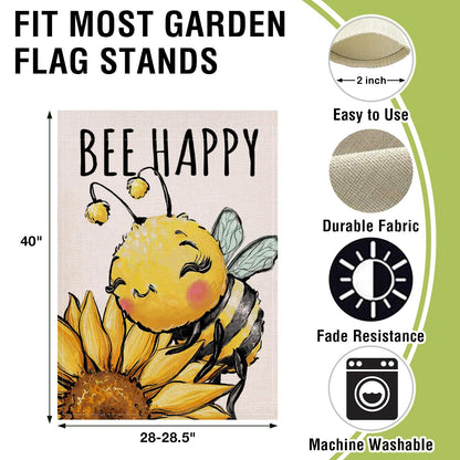 Artofy Spring Summer Bumble Bee Sunflower Large Decorative House Flag, Bee Happy Flower Floral Yard Garden Outside Decor, Honeybee Seasonal Burlap Outdoor Home Decoration Double Sided 28 x 40