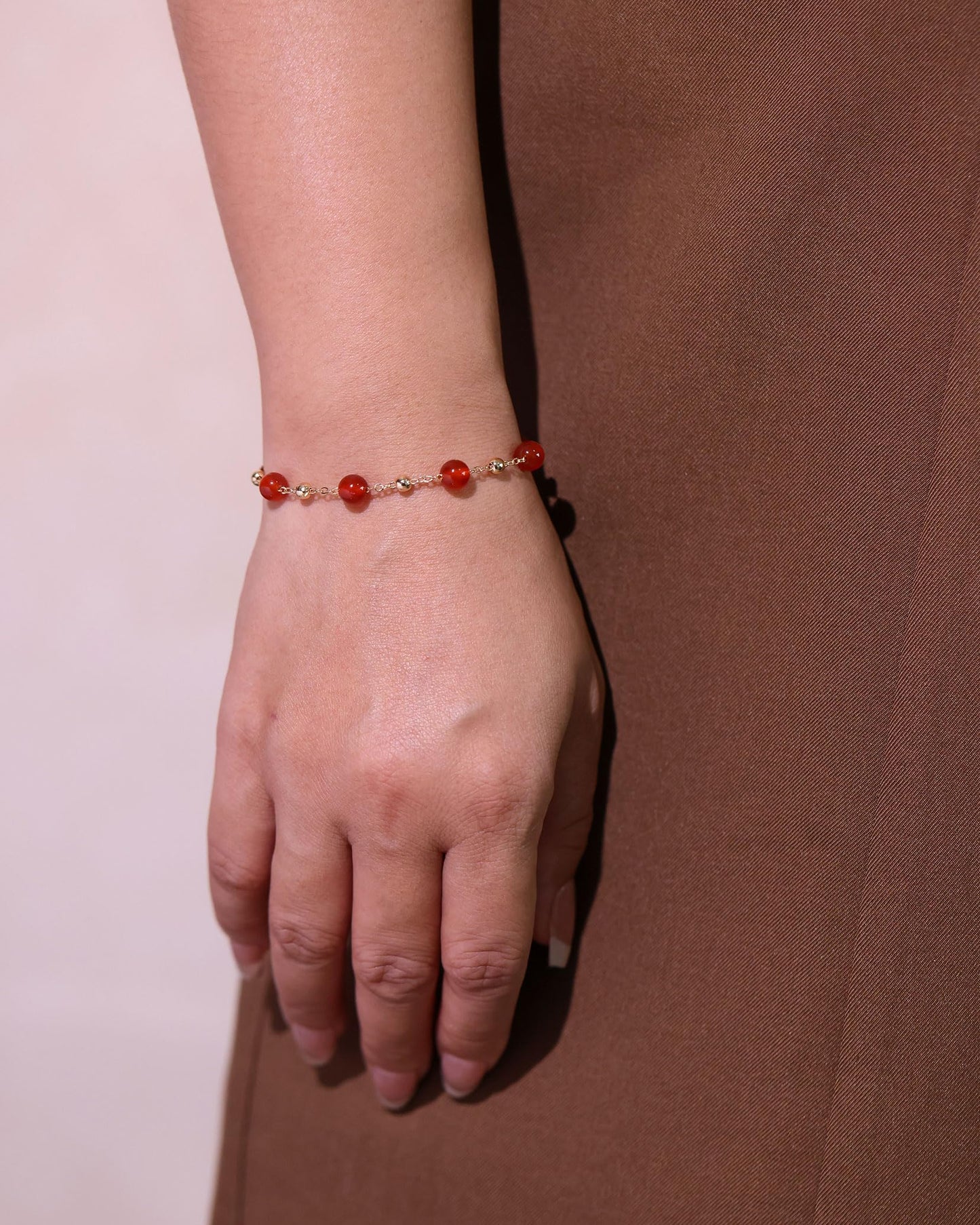 Xfoxstal 14K Gold Plated Chain Bracelets for Women Crystals and Stones Beaded Bracelets Jewelry Adjustable (Red Agate)