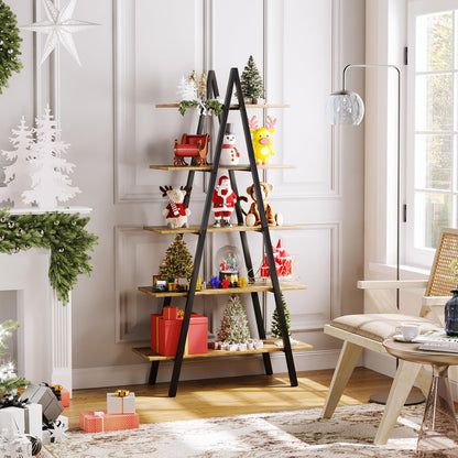 YOUDENOVA 5-Tier Ladder Bookshelf, Industrial A-Shaped Bookcase, Christmas Village Display Stand, Tall Ladder Shelf Storage Organizer for Living Room, Home Office, Black