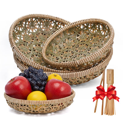 DaviGreen Handwoven Bamboo Basket Set of 3, Decorative Wall Basket, Boho Woven Basket Decor, Round Serving Basket for Bread & Fruit, Artisan Bamboo Storage + Tongs & Brush