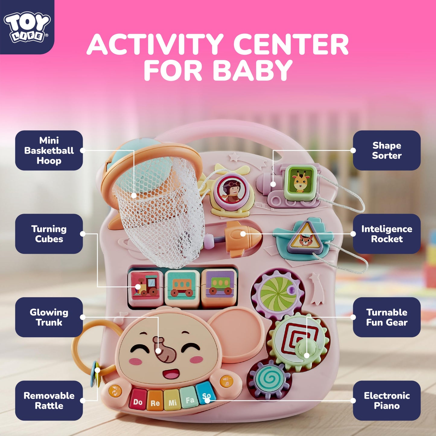 TOY Life 3 in 1 Baby Push Walker and Activity Center for Girl, Sit to Stand Walker for Babies 6-12 Months, Walking Toys with Music Panel for Infants and Toddlers Learning to Walk Pink
