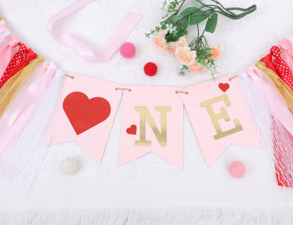 Valentines Day Half Birthday High Chair Banner - 6 Months Baby Party Decorations,1/2 Way To One Red Pink Ribbon Banner,Valentine's Day Highchair Garland,Little Sweetheart 1/2 Birthday Photo Props (Valentines Day 1st Birthday)