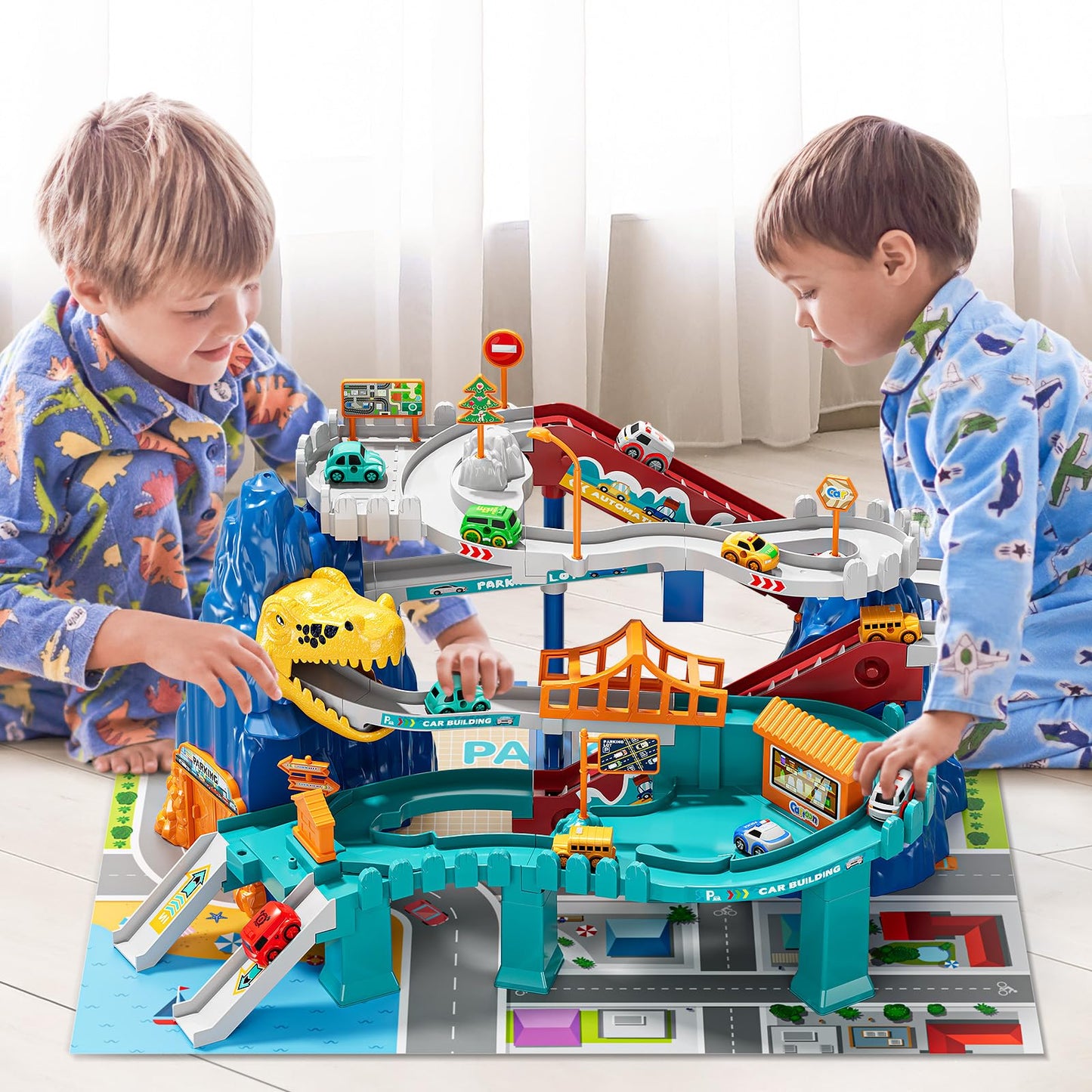 NIPLOOOW Dinosaur Race Track Playset for Boys Kids 3-5, Dinosaur Climbing Hills Car Track Play Set with 10 Mini Racer Cars, Kids Car Ramp Track Toys for 3 4 5 6 7 8 Year Old Boys Girls