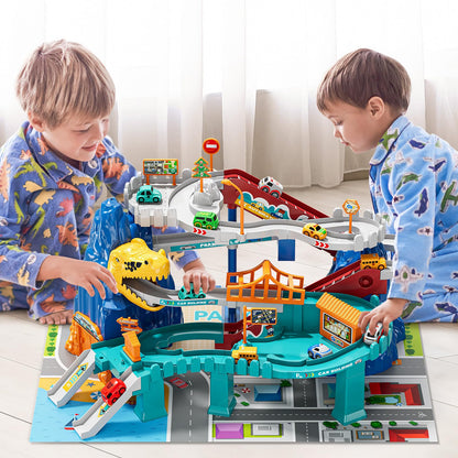 NIPLOOOW Dinosaur Race Track Playset for Boys Kids 3-5, Dinosaur Climbing Hills Car Track Play Set with 10 Mini Racer Cars, Kids Car Ramp Track Toys for 3 4 5 6 7 8 Year Old Boys Girls