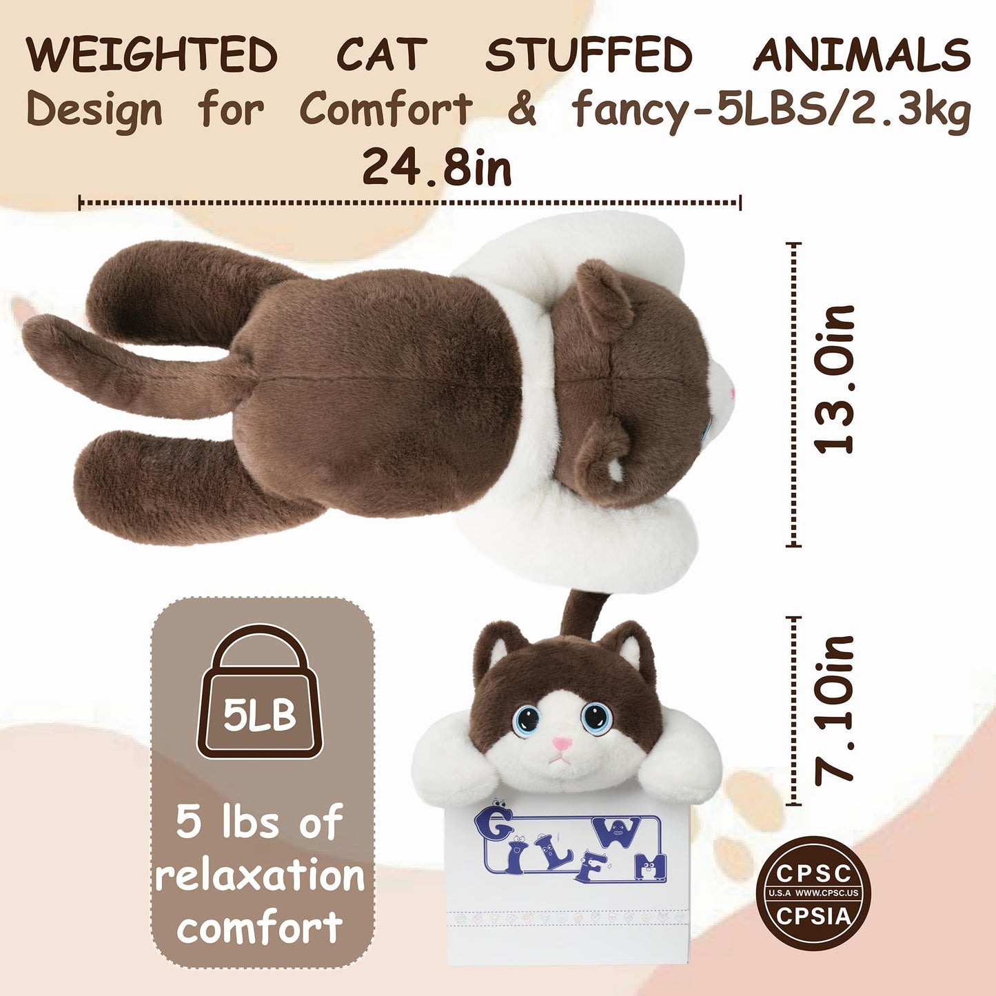 GILFWM Weighted Stuffed Animals Cat - 25" Big Toy Pillow Plushie Gifts for Kids Boys Girls & Adults, 5 lbs Soft Washable Plush Pillowfort