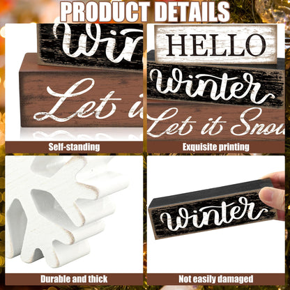 4 Pcs Winter Snowflake Wooden Table Block Sign Christmas Tiered Tray Decor Hello Winter Wood Tabletop Centerpiece Let it Snow Rustic Farmhouse Table Decorations for Xmas Holiday Home Shelf Party Decor