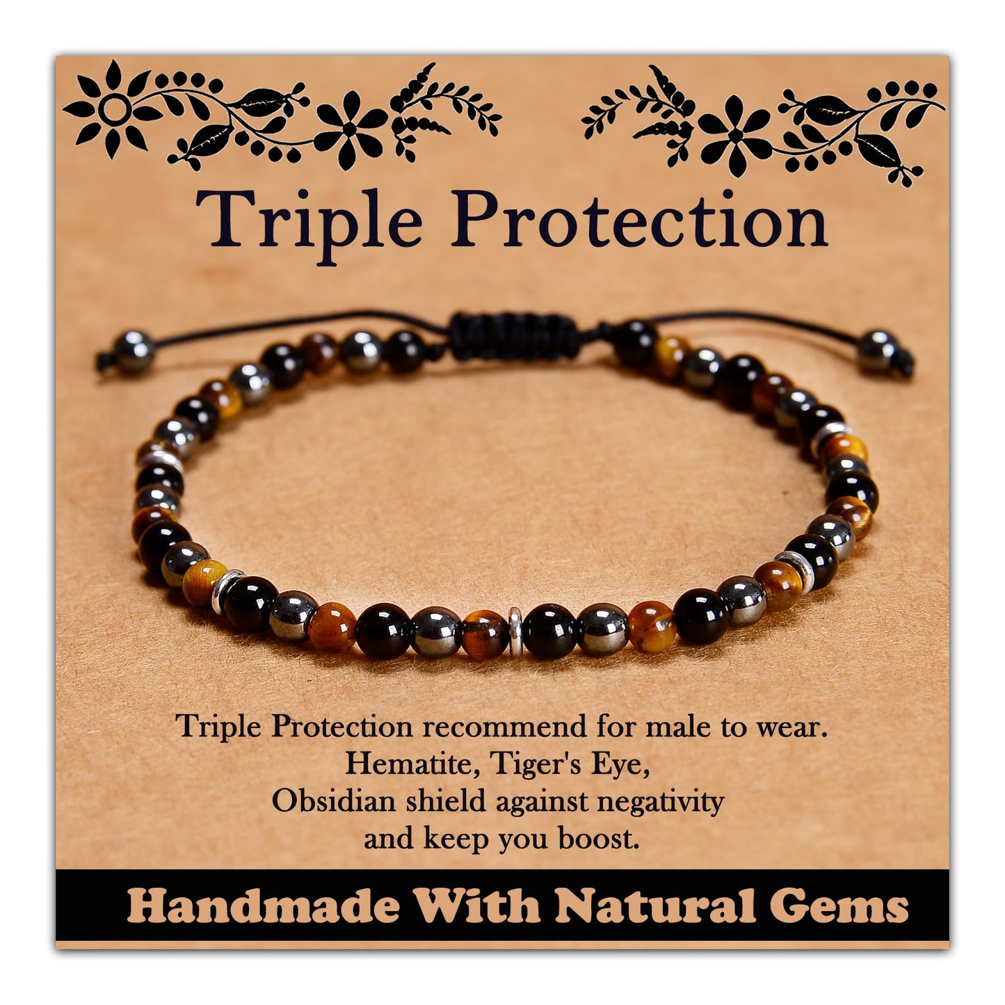CHCCOYE 4mm Handmade Adjustable Natural Gemstone Crystal Bracelet Healing Power Energy Inspirational Gifts with Card for Unisex (Triple Protection)