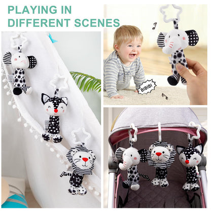 JINBOBUBU Black & White Baby Wind Chime Hanging Toys - High Contrast Rattles for Newborns 0-12 Months, Stroller & Car Seat Mobile, Hanging Rattle Toys for Babies, Clip Hanging Plush Squeeze Toys