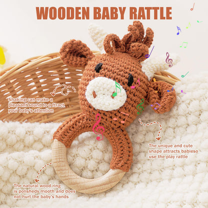 Wooden Baby Rattle, Crochet Cow Rattle, Newborn Wooden Animal Rattle Toy, Infant Rattle Toys