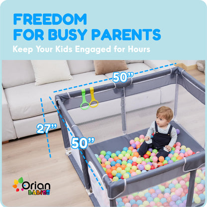 Orian Baby Playpen 50x50 Large Play Yard for Babies and Toddlers, Indoor Outdoor Playpen, Sturdy Baby Play Pen with Mesh Sides, Safe Baby Fence Play Area, Assembly Required/Not Portable, w Storage Bag