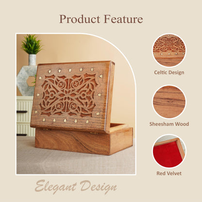Ajuny Wooden Handcrafted Decorative Jewelry Storage Box Large Celtic Design Multipurpose Treasure Chest Organizer Travel Keepsake Trinket Holder Necklaces Watch Box Gifts 9x7 Inch