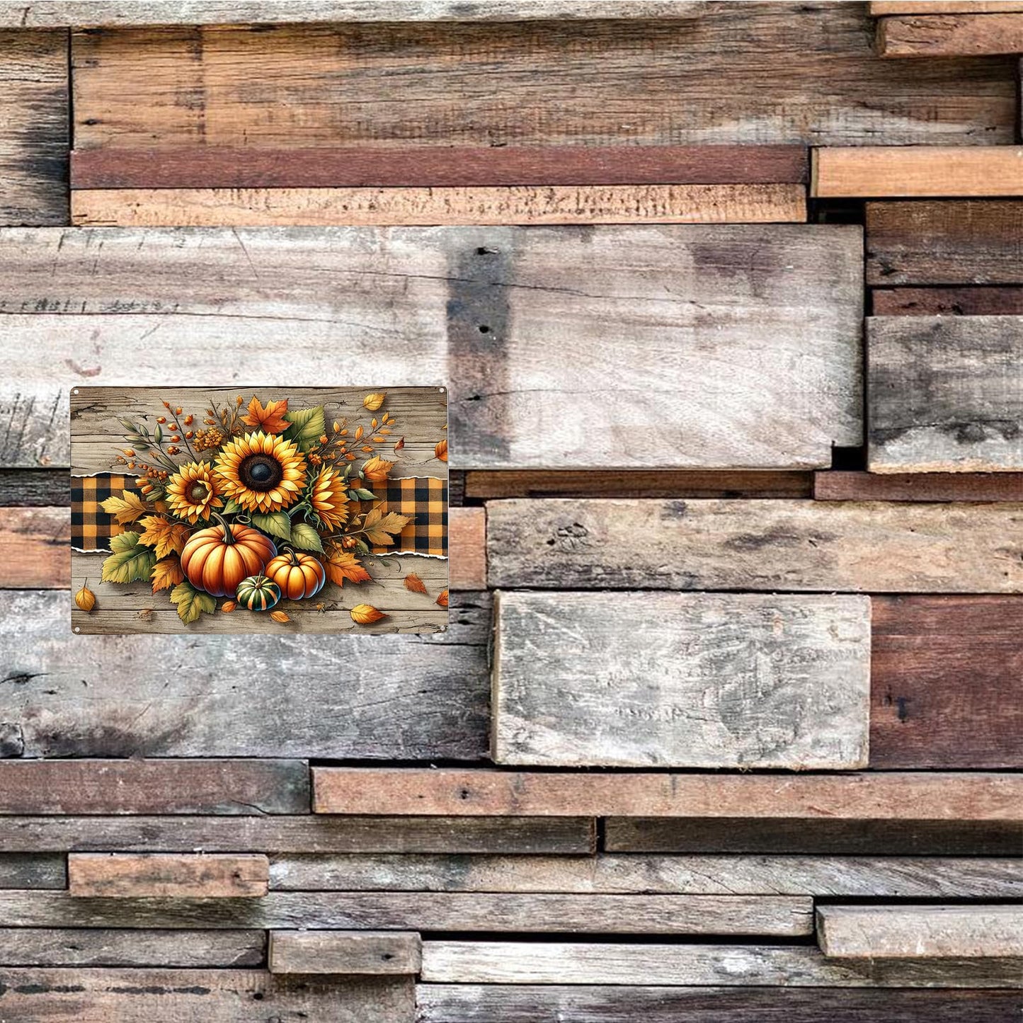 NISEVAN Fall Wall Decor Metal Sign, Autumn Sunflowers Pumpkins Tin Sign for Thanksgiving Day Holiday Decor, Farmhouse Home Kitchen Coffee Shop Cafe Pub Coffee Decorations, 12x8 Inches