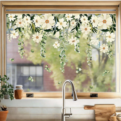 Daisy Spring Flowers Window Clings Eucalyptus Leaves Window Decals Hanging Vine Floral Leaf Double-Sided Reusable for Home School Office Decor Party Supplies,6 Sheets