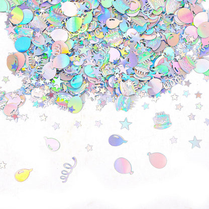Gosknor 600pcs Birthday Confetti, Metallic Birthday Table Scatter Iridescent Party Confetti for DIY Crafts Cake Balloons Stars Ribbons Shapes Festive Table Decoration