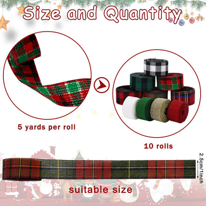 Whaline 10 Rolls 50 Yards Christmas Burlap Ribbon Rolls 1 Inch Wired Plaid Wrapping Ribbons Xmas Decorative Ribbon for Wreath Bow Gift Decor