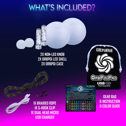 UltraPoi OrbPoi Pro Set - Rechargeable Contact Poi Balls with Non-LED Knob Handles, 40+ Color and Pattern Modes, Soft Durable Cover, Glow Poi & Flow Arts Toy, LED Spin Balls, and Rave Flow Toys