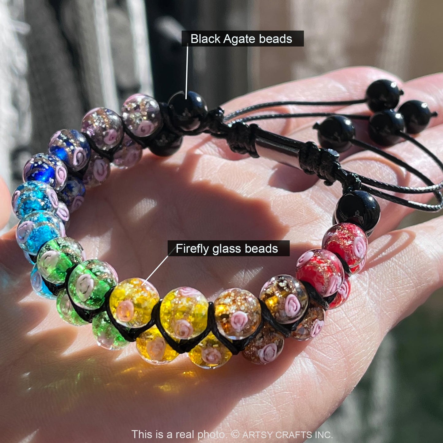 ARTSY Crafts Glow in The Dark Firefly Beads Bracelets, 7 Chakras Crystal Mermaid Glass Beaded Bracelets for Anti Anxeity Healing Energy Money Wealth Abundance Stackable Bangle Wristband (Multi)