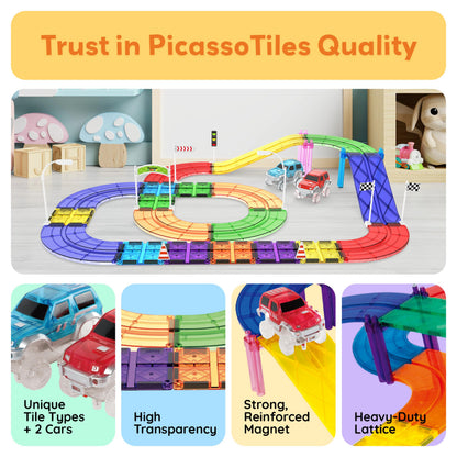 PicassoTiles 45pc Magnetic Tiles Race Track Set With 2 Racing Cars Plus Traffic Accessory Kit STEM Educational Learning Construction Building Magnet Tile Toy For Toddlers Boys Girls Kids Age 3+ PTR451
