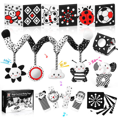 AJsupojouet Newborn Toys,High Contrast Black & White Baby Toys 0-6 Months with Sensory Cards & Rattle, Essential for Brain Development, Tummy Time & Car Seat Toys for 0 2 4 6 Month Old