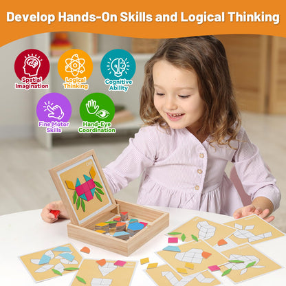 ODRIEW 130 Pcs Wooden Magnetic Pattern Blocks Set, Montessori Tangram Puzzle with Pattern Cards & Storage Box, STEM Educational Toy for Toddlers & Kids Ages 4–8, Creative Gift for Boys & Girls
