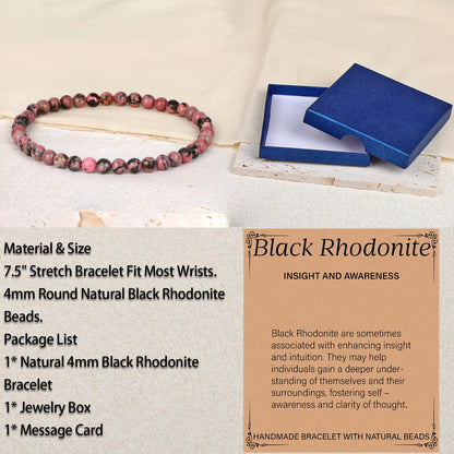 LPBeads Handmade Natural Gemstone Stretch Elastic 4mm Pink Black Rhodonite Bracelet Healing Crystal Round Stone Beads Jewelry Gifts for Women Men