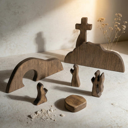 NEROSUN Empty Tomb Easter Scene and Cross Decoration, Wooden Jesus Resurrection Nativity Set, Religious Christian Tabletop Decor for Home Office Christian