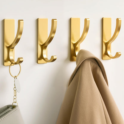 pickpiff Adhesive Wall Hooks for Towels - Sticky Hook Hanging Heavy Duty (13lb), Hanger for Door, Bathroom, Dorm, Closet - for Coats, Purse, Bag, Robe - No Damage to Wall - Gold 4 Pack