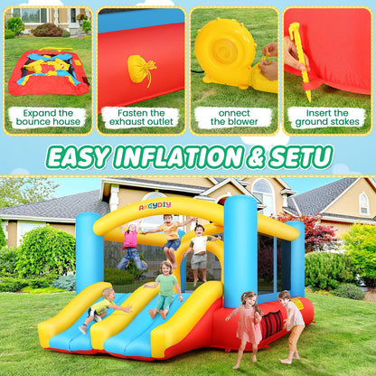 WHUBEFY Bounce House,Inflatable Bounce House for Kids with Blower Included,Indoor/Outdoor Playhouse Kids Bouncy House for Backyard,Jumping Castle with 2 Slides,Jumping Area (Inflatable Bounce House)