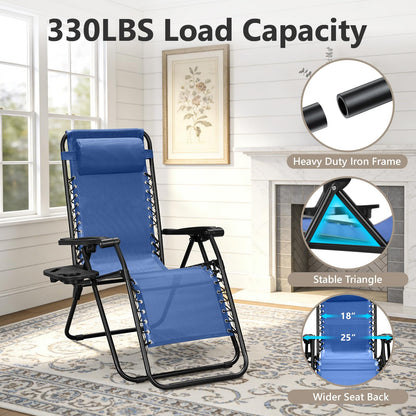Zero Gravity Chairs Set of 2, Adjustable Lounge Chair Outdoor Recliner, Folding Reclining Lawn Chair, Anti Gravity Chair with Pillow & Cup Holder for Pool Camping Sunbathing Beach Patio (Blue)