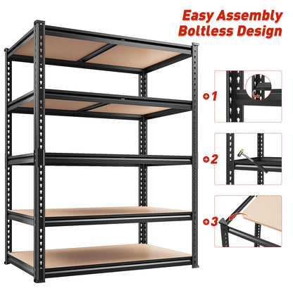 REIBII 2400LBS Storage Shelves 5 Tier Garage Shelving Heavy Duty, Adjustable Metal Shelving Unit, Garage Shelves for Basement, Warehouse, Pantry, Closet, Kitchen 72" H x 35.55" W x 16" D, Black