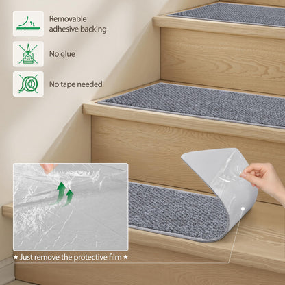 Carpet Stair Treads Non Slip - 4 Pack 8" x 30" Peel and Stick Stairs Tread for Wooden Steps Washable Stair Runners Rug Stain Resistant Edging Staircase Mat for Kids and Dogs(4pc, Grey)