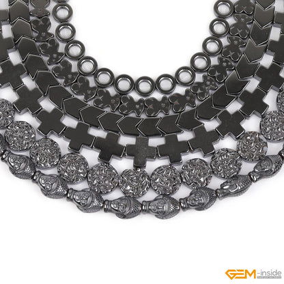 GEM-Inside 46pcs 8mm Natural Black Hematite Double Side Carved Maya Sun Sign Coin Beads for Bracelet Necklace Jewelry Making Power Energy Chakra Beads