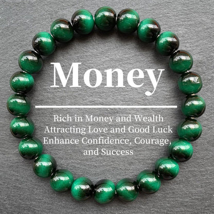 Cryhand Female 8mm Beaded Bracelets For Women Simulated Green Tigers eye Bracelet for Men Handmade Lucky Money Stretchy Crystal Bracelets Best Gifts