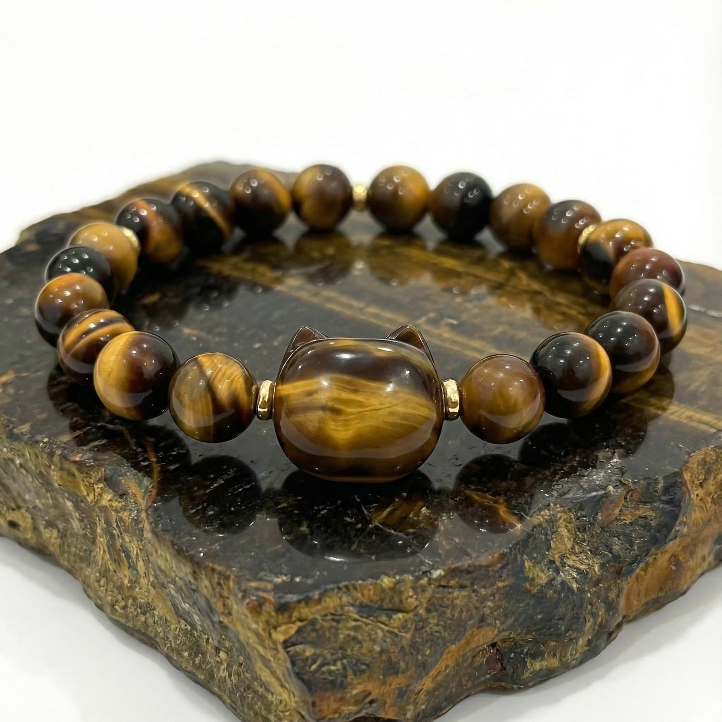 14K Gold Plated Natural Gemstone Bracelet, Handmade Lucky Cat Paw Charm Bracelet with Amethyst/Tiger Eye, Adjustable Elastic Band for Bracelet, Gift for Cat Owners & Daily Wear (Tiger eye)
