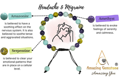 Amazing Gemstone Bracelet for Headaches and Migraines - Amazonite Serpentine Amethyst Bracelet Set for Men Women Healing Calming Anxiety Stress Relief Gifts Pulseras Para Hombres Mujer (Adjustable)