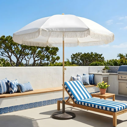 Kbrellaoutlets 7FT Boho Patio Umberlla with Fringe,UPF50+ Outdoor Umbrella with Fiberglass Ribs and Push Button Tilt,Tassels Umbrella for Beach,Terrace,Picnic (Belge)