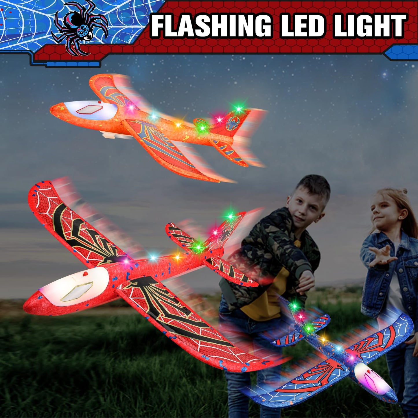 Fuwidvia 3 Pack Airplane Launcher Toys, 13.2'' Spider LED Foam Glider Catapult Plane Toy for Boys, 2 Flight Modes Outdoor Flying Toys Birthday Gifts for Boys Girls 4 5 6 7 8 9 10 11 12 Year Old
