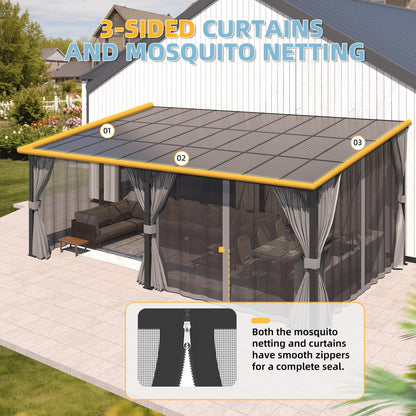 AECOJOY 20' X 12' Gazebo for Patio, Large Wall-Mounted Lean to Pergola Gazebo with Curtains and Netting, 12x20 Hard Top Pergolas and Gazebos on Clearance for Lawn Backyard Garden Deck