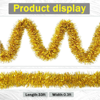 Yocknoce Gold Tinsel Garland, 33 Ft Twist Metallic Hanging Decor for Christmas Tree, New Year Eve Party, Wedding, Anniversary Backdrop, Festive Indoor Outdoor Decorations