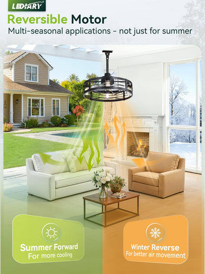LEDIARY 22" Outdoor Ceiling Fans with Light, Waterproof Gazebo Fan with Hanging Hook, Plug in Ceiling Fan with Remote,Caged Ceiling Fan with 6 Speed Timer for Patio, Porch, Pergola, Black