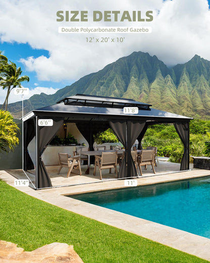 12'X20' Hardtop Gazebo, All-Weather Aluminum Frame Outdoor Canopy with Double Polycarbonate Roof, Permanent Outdoor Gazebo with Netting & Curtains for Garden, Lawns, Patio, Grey.