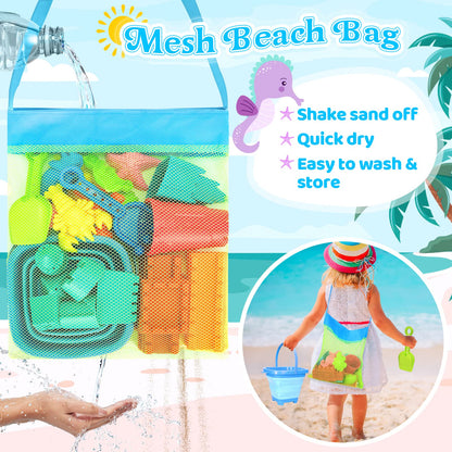 Collapsible Beach Toys for Kids Toddlers, Collapsible Sand Bucket and Shovels Set with Mesh Bag,Travel Sand Castle Building Kit, Sandbox Toys, Foldable Beach Essentials for Toddlers Kids Age 3-10 ﻿