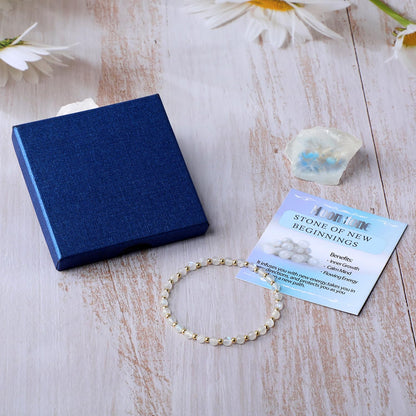 QOGIR Moonstone - New Beginnings - 14K Gold Plated Beads Natural Gemstone Stretch Elastic Dainty Healing Beaded Bracelets Gifts 4mm