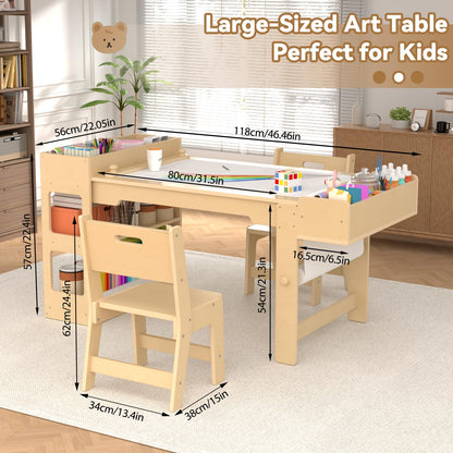 Kids Art Table and Chair Set, Kids Craft Table with Storage, Toddler Activity Play Desk with 2 Chairs, Wood Art Craft Play Desk with Paper Roller for Writing, Drawing, Learning and Reading