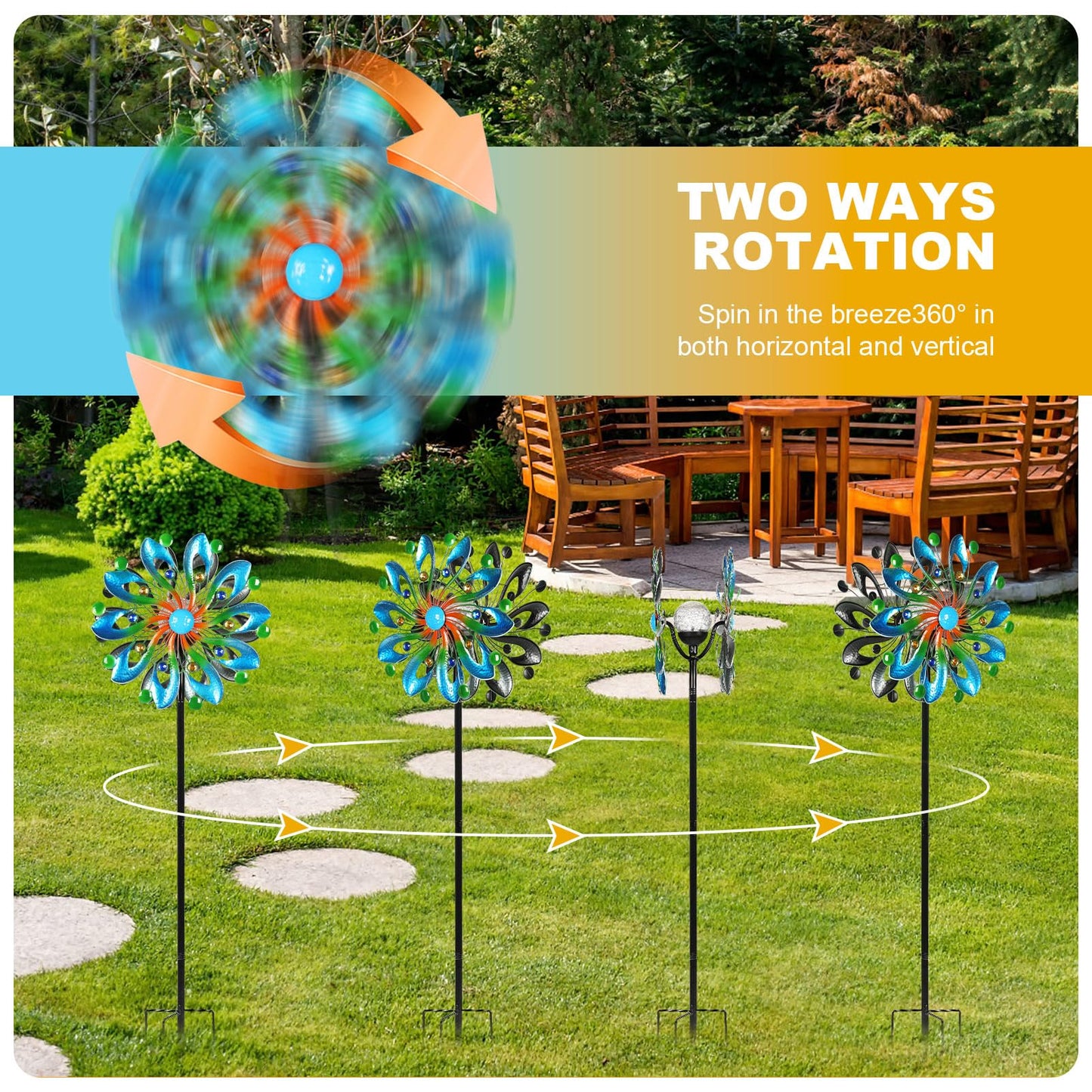 MLKNK Wind Spinners for Yard and Garden - Wind Sculptures & Spinners, 75 Inch, Navy Blue, Kinetic Art with Solar Powered Multi-Color Glass Ball Light