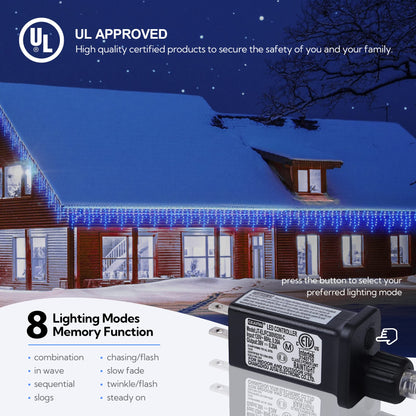 Hopolon 33FT 360L LED Christmas Icicle Lights Outdoor Waterproof,8 Modes Plug in Curtain String LIghts With 60 Drops,Christmas Lights for Wedding,Party,Bedroom,Home,Garden,Wall Decorations(Blue White)