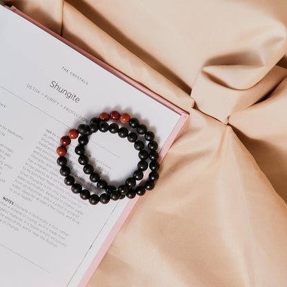 Karelian Heritage Black Shungite Beaded Bracelet, 8mm Handmade Stretchy Unisex, Crystal Healing Authentic Stone, Spiritual Chakra Balance Jewelry (Shungite & Red Jasper)
