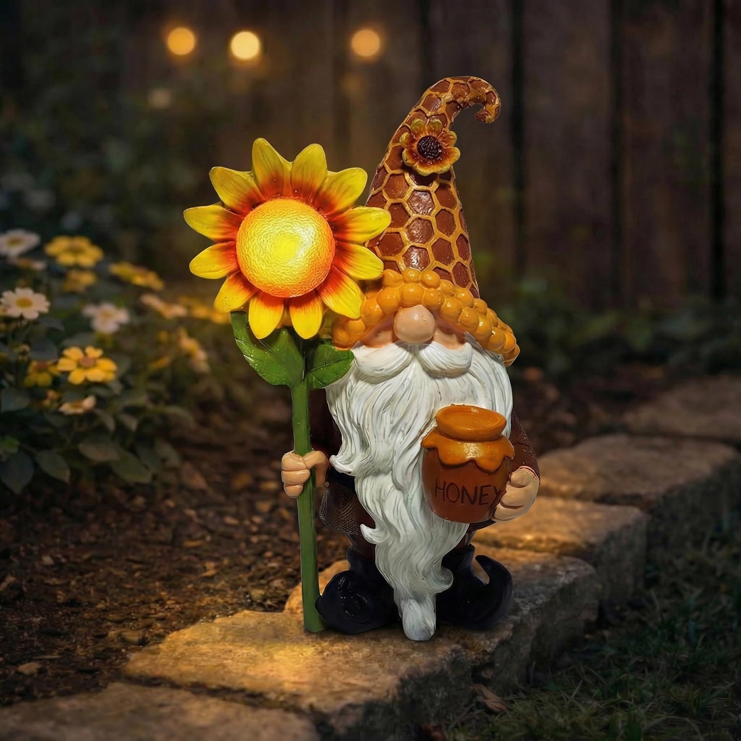 Lyeasw Solar Garden Gnome Statues with Sunflower Light - Outdoor Yard Decor - Honey Pot Gnome Figurines for Patio Lawn Walkway & Backyard, Unique Welcome Garden Gifts for Mom & Grandma