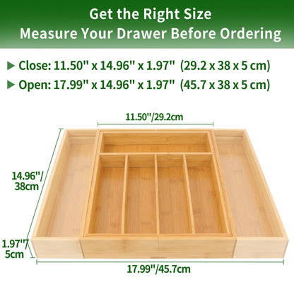 VaeFae Bamboo Drawer Organizer, Expandable Silverware Drawer Organizer, Cutlery Tray with Dividers for Kitchen Utensils, Medium